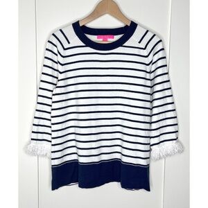 Lilly Pulitzer Dasha Sweater in Navy and White with Fringed Sleeves